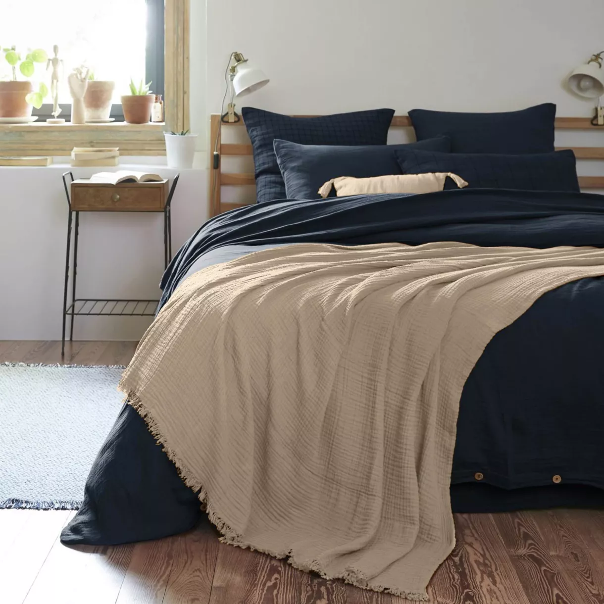 EM - Plaid ˆ franges 180 x 220 cm Gaze de coton unie GAìA Ficelle