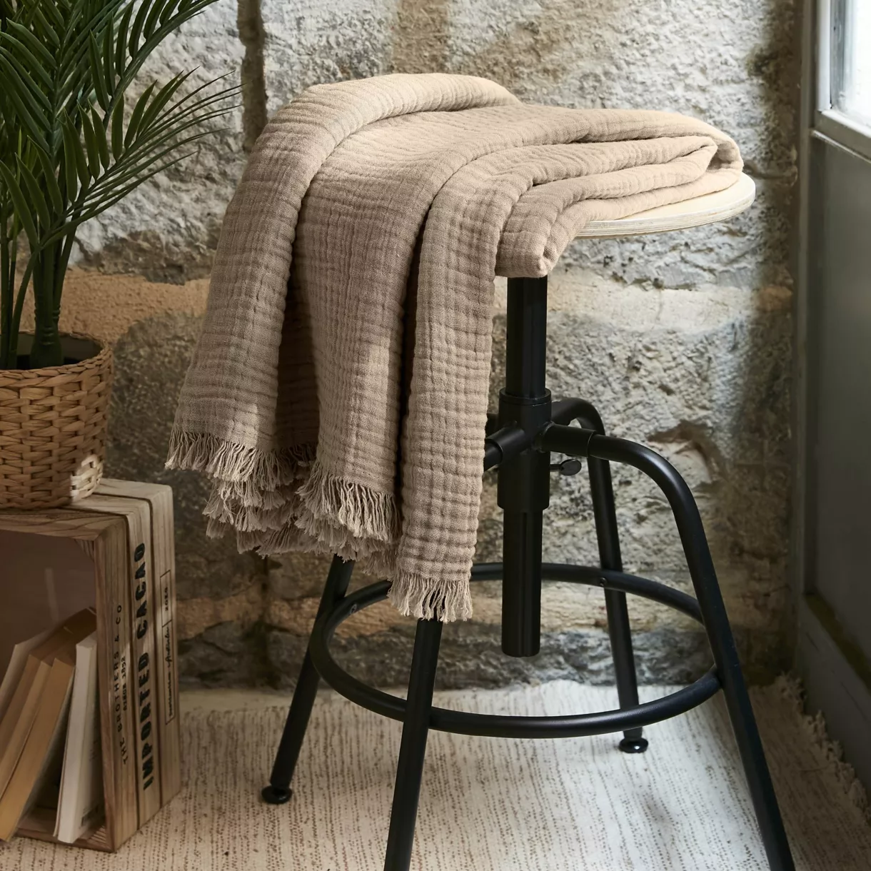 EM - Plaid ˆ franges 130 x 160 cm Gaze de coton unie GAìA Ficelle