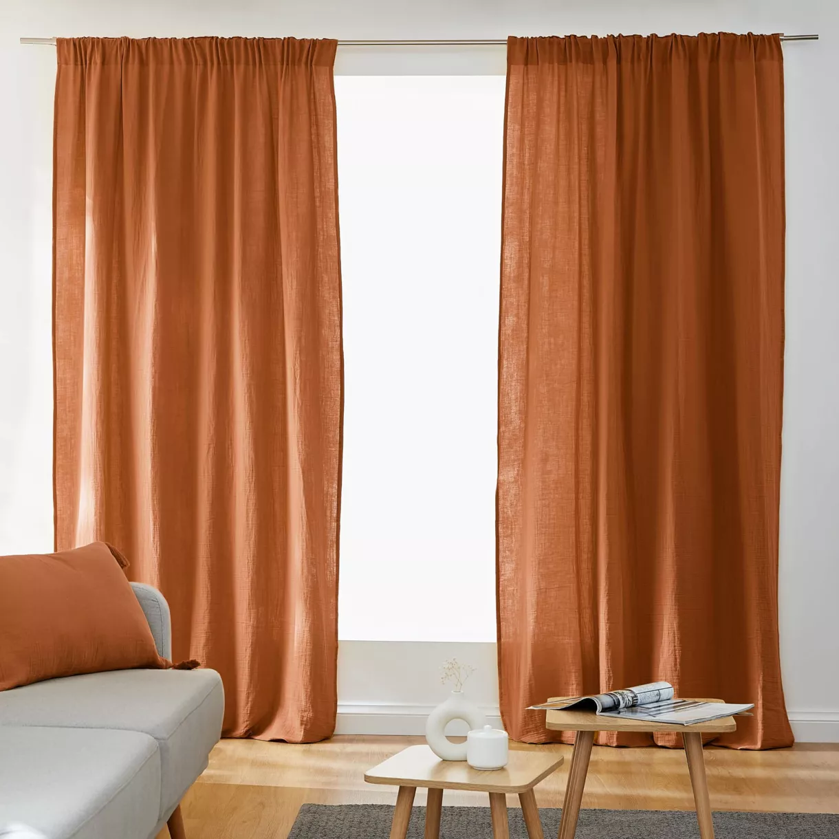 Rideau gaze de coton galon fronceur (140 x 240 cm) Gaïa Abricot