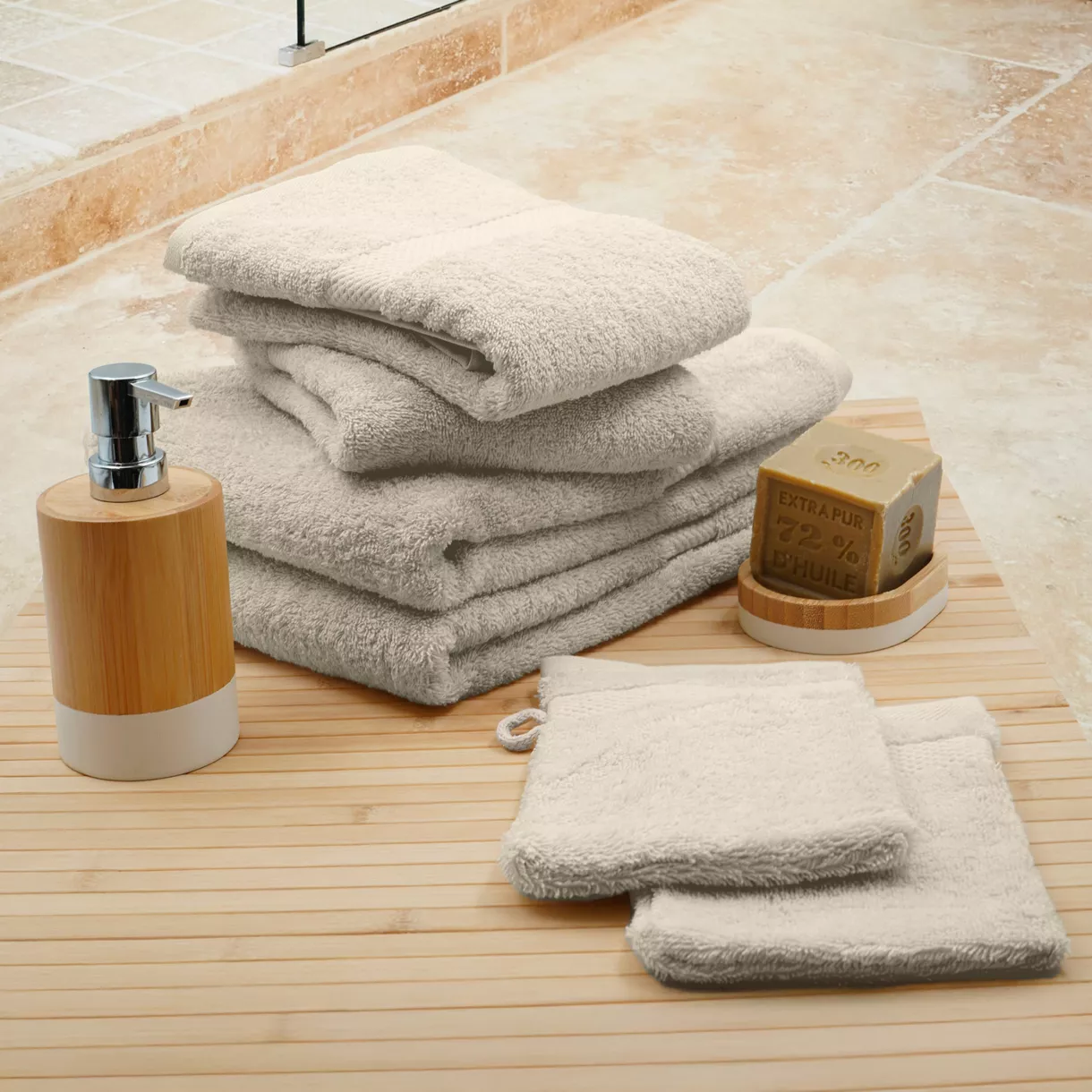 Handtuchset 50x90 cm x2 + Handtuch 70x130cm x2 + Waschlappen x2 Elegance Beige