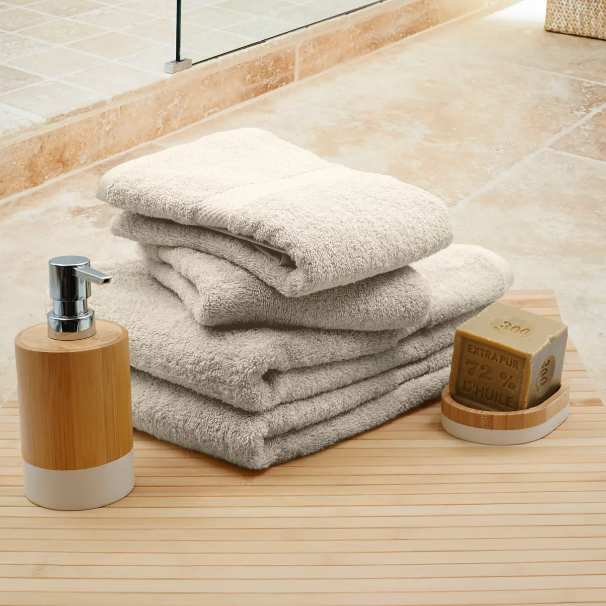 Lot de 4 serviettes de toilette coton (70 x 130 cm) Elegance Beige