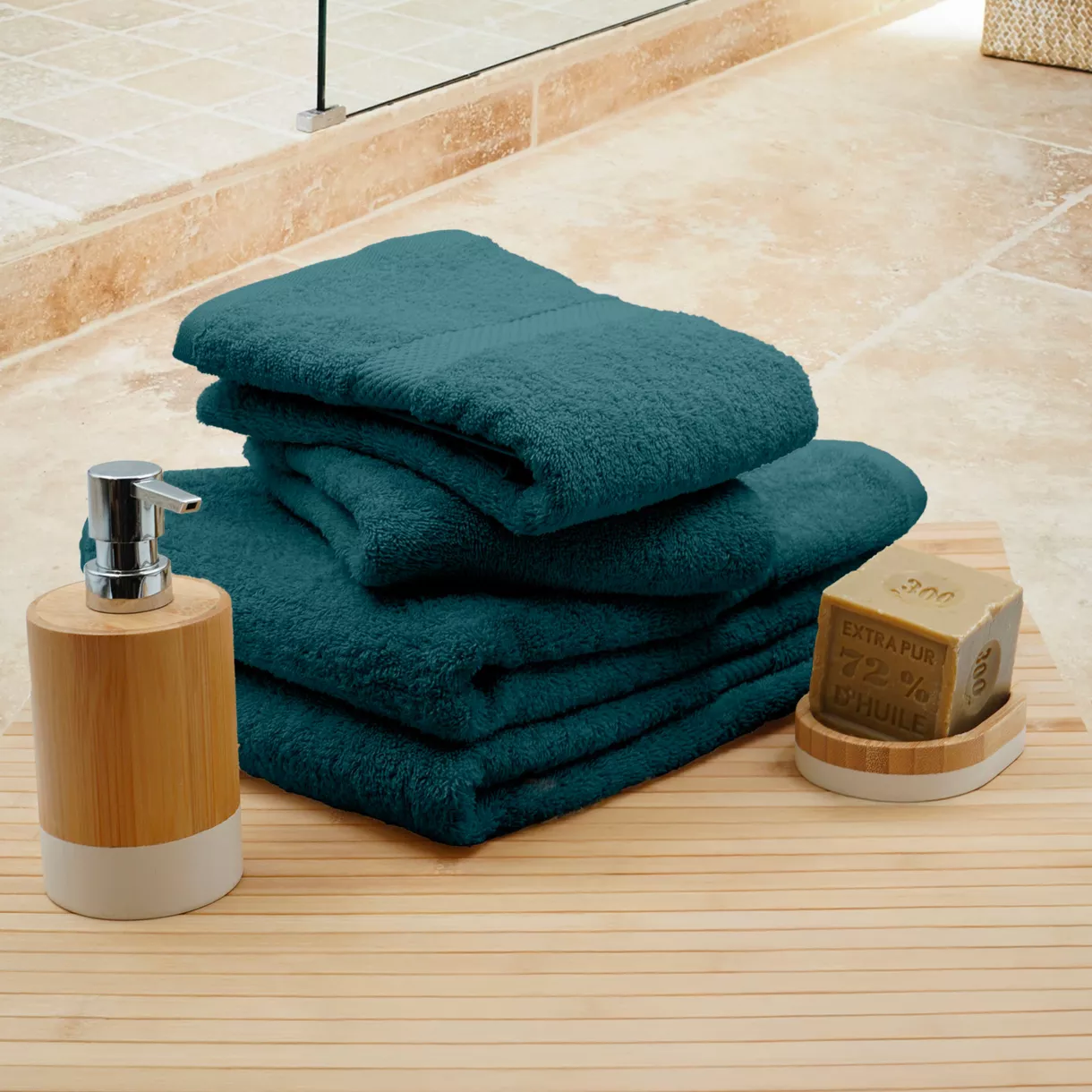 Lot de 4 serviettes de toilette coton (70 x 130 cm) Elegance Bleu