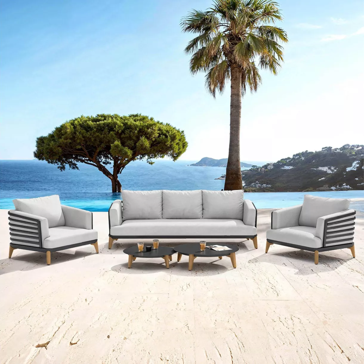 SALON DE JARDIN MONTE-CARLO 5 PLACES STRUCTURE ANTHRACITE ET COUSSINS GRIS NUAGE