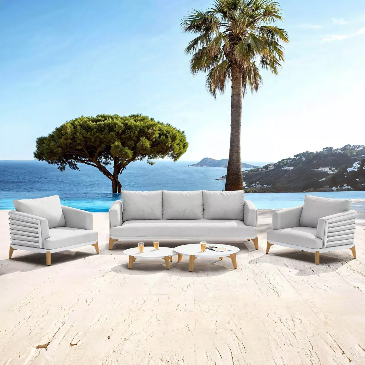 SALON DE JARDIN MONTE-CARLO 5 PLACES STRUCTURE BLANC ET COUSSINS GRIS NUAGE 