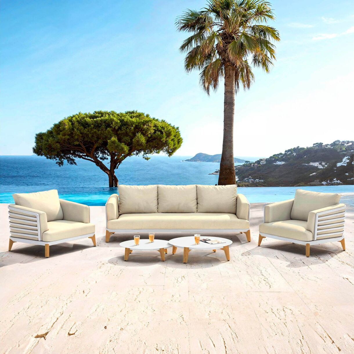 Salon de jardin aluminium 5 places 5 pcs Monte Carlo Blanc et beige