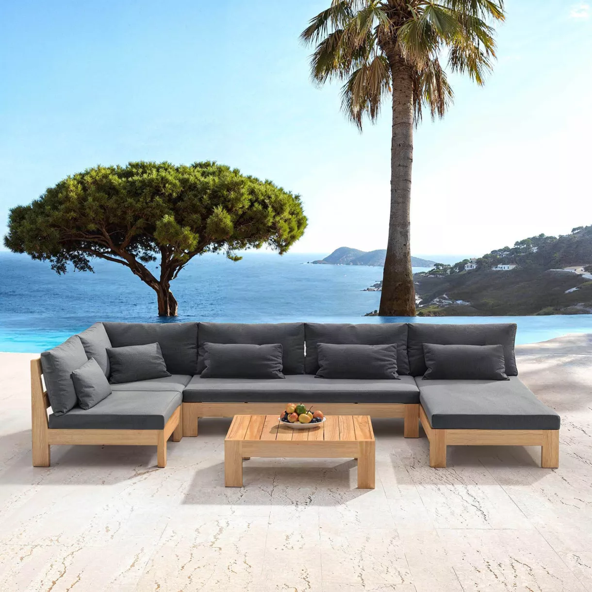 SALON DE JARDIN D'ANGLE BORNEO 5 PLACES STRUCTURE EN BOIS ET COUSSINS ANTHRACITE