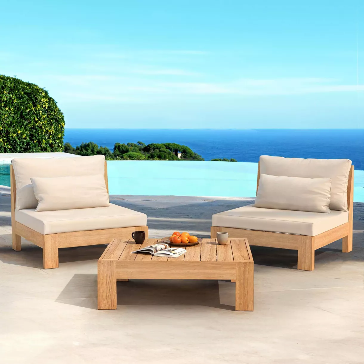 Conjunto de jardín esquinero de madera de acacia 2 plazas 3 pzs Bornéo Arena