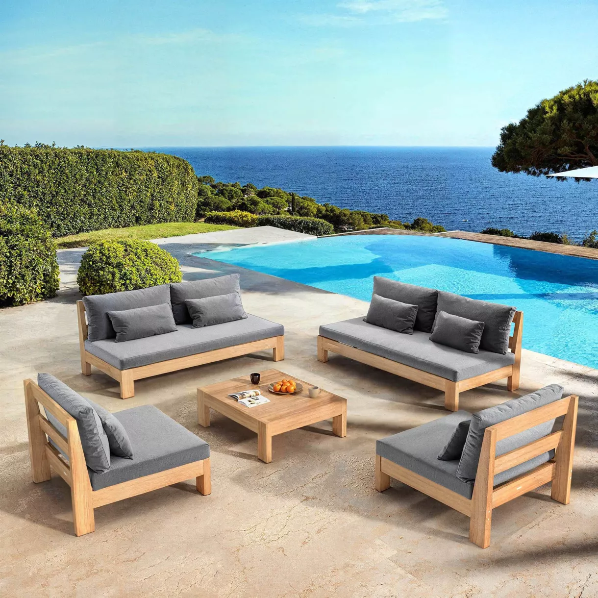 SALON DE JARDIN D'ANGLE BORNEO 8 PLACES STRUCTURE EN BOIS ET COUSSINS ANTHRACITE