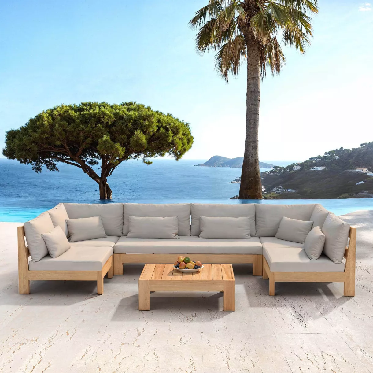 Conjunto de jardín esquinero de madera de acacia 7 plazas 6 pzs Bornéo Arena