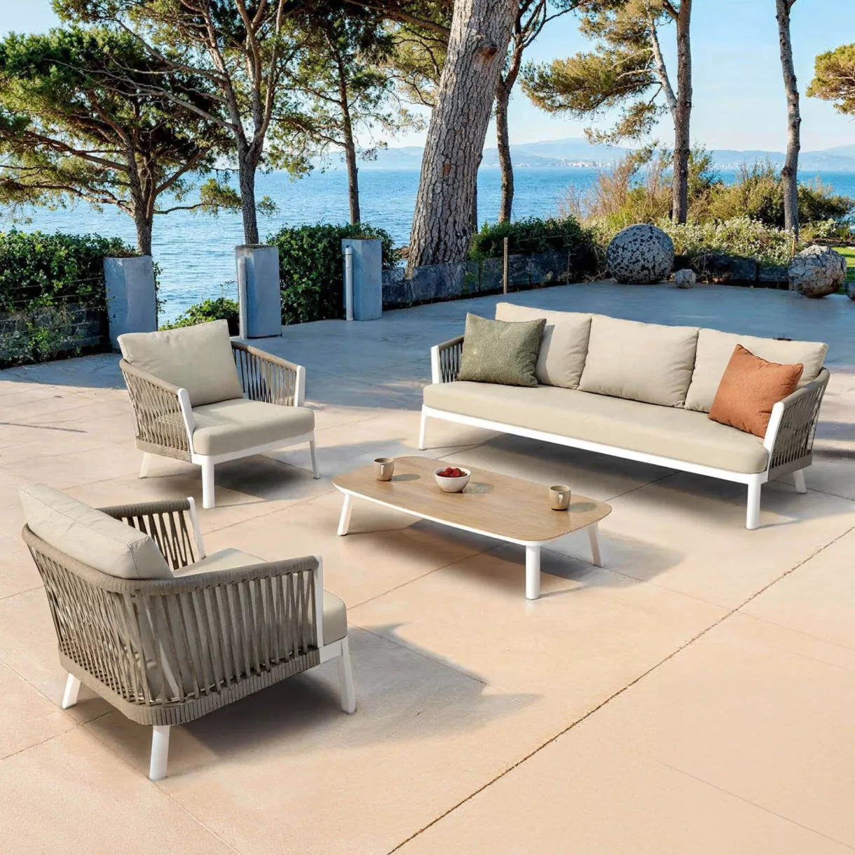 Salotto da giardino in alluminio 5 posti 4 pezzi Amalfi Bianco e beige