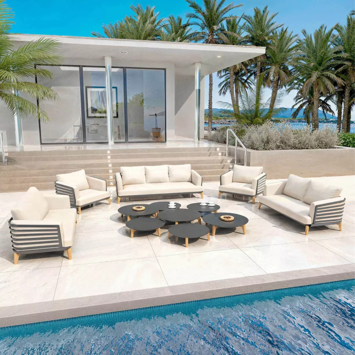 SALON DE JARDIN MONTE-CARLO 9 PLACES STRUCTURE ANTHRACITE ET COUSSINS BEIGE