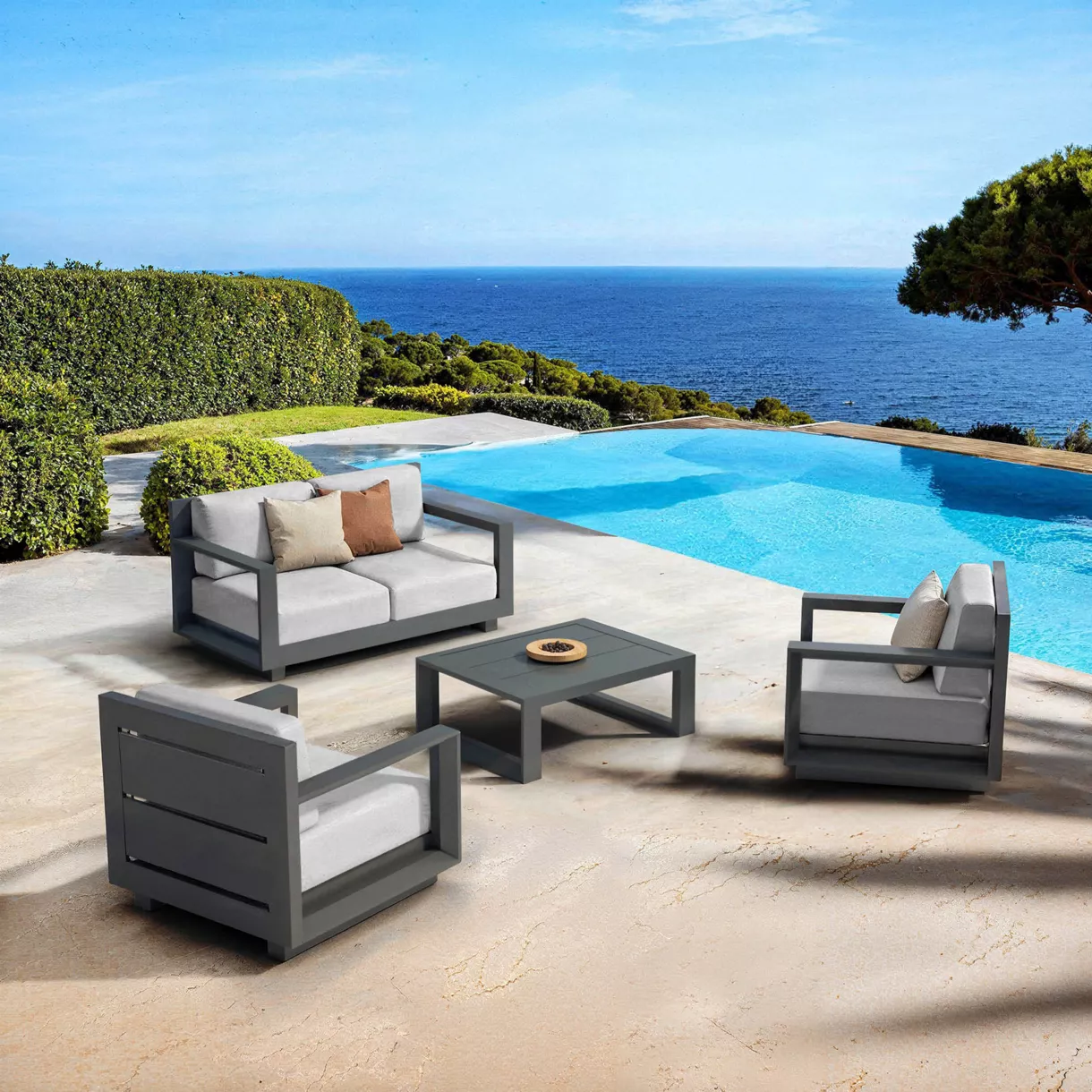 SALON DE JARDIN ELBA 4 PLACES STRUCTURE ANTHRACITE ET COUSSINS GRIS NUAGE