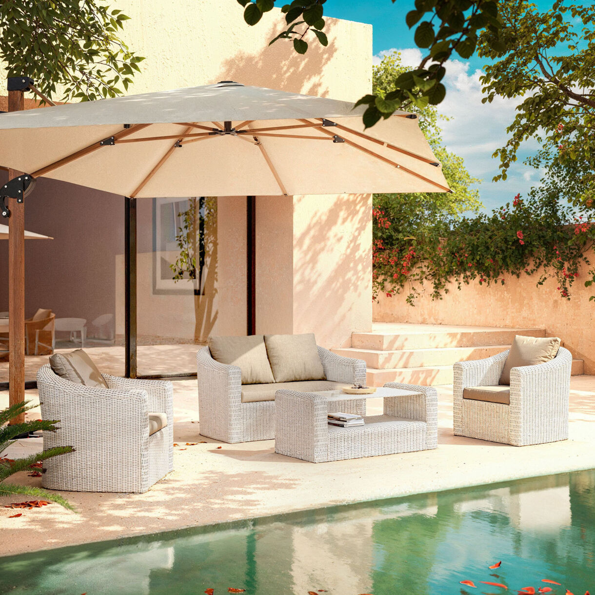 Lounge-Set geflochtenes Polyrattan 4 Plätze 4 tlg Calvi Weiß und Taupe