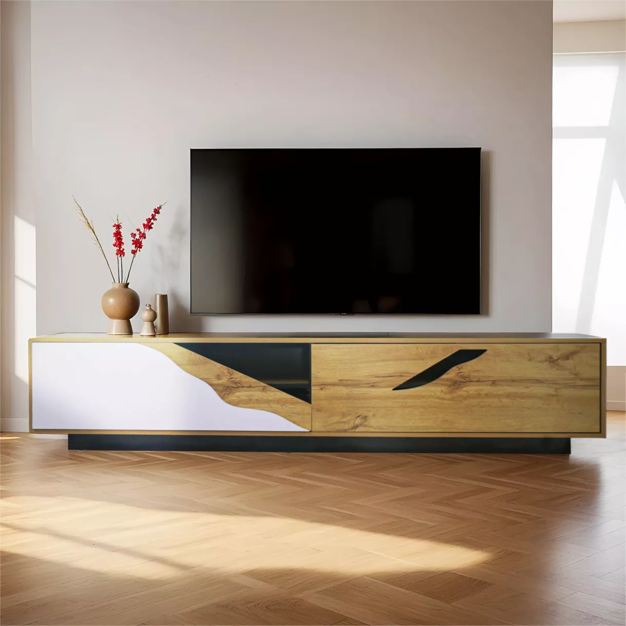 Mueble de TV de diseño de madera (180 x 40 cm) Florida Blanco, negro y natural