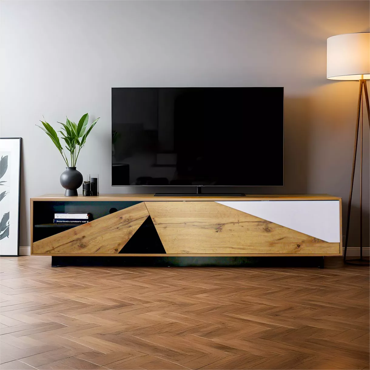 Houten design TV-meubel (L180 x 40 cm) Alabama Wit, zwart en natuurlijk