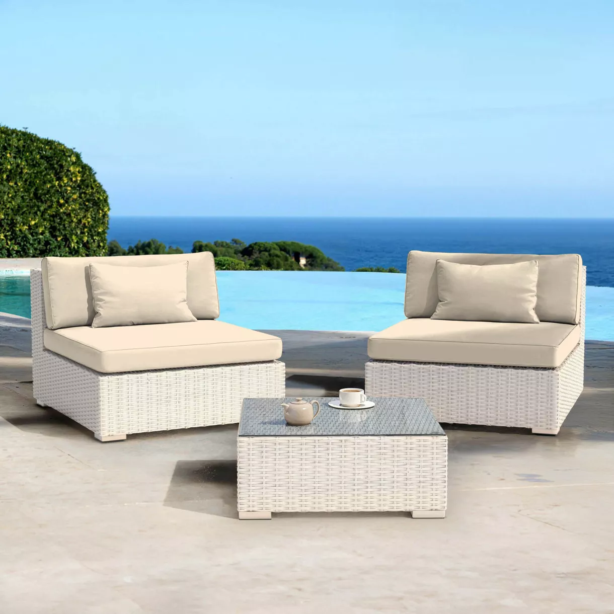 Salon de jardin en résine tressée 2 places 3 pcs Palma Blanc et beige