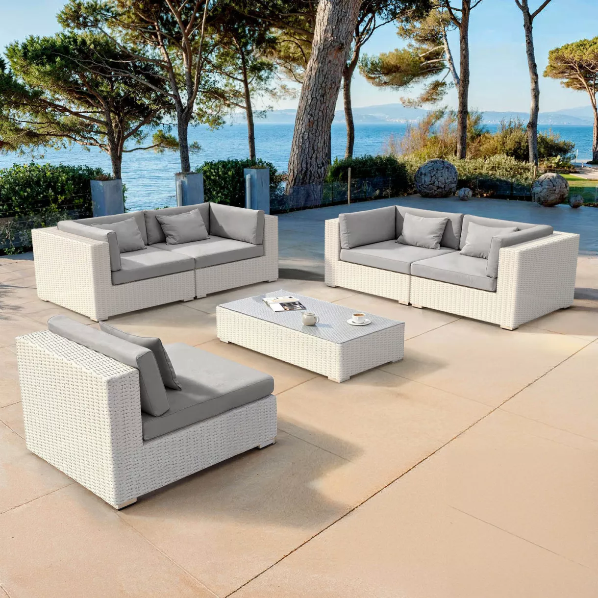 Salon de jardin en résine tressée 5 places 6 pcs Palma Blanc et gris