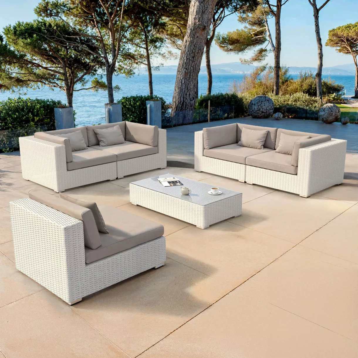 Salon de jardin en résine tressée 5 places 6 pcs Palma Blanc et taupe