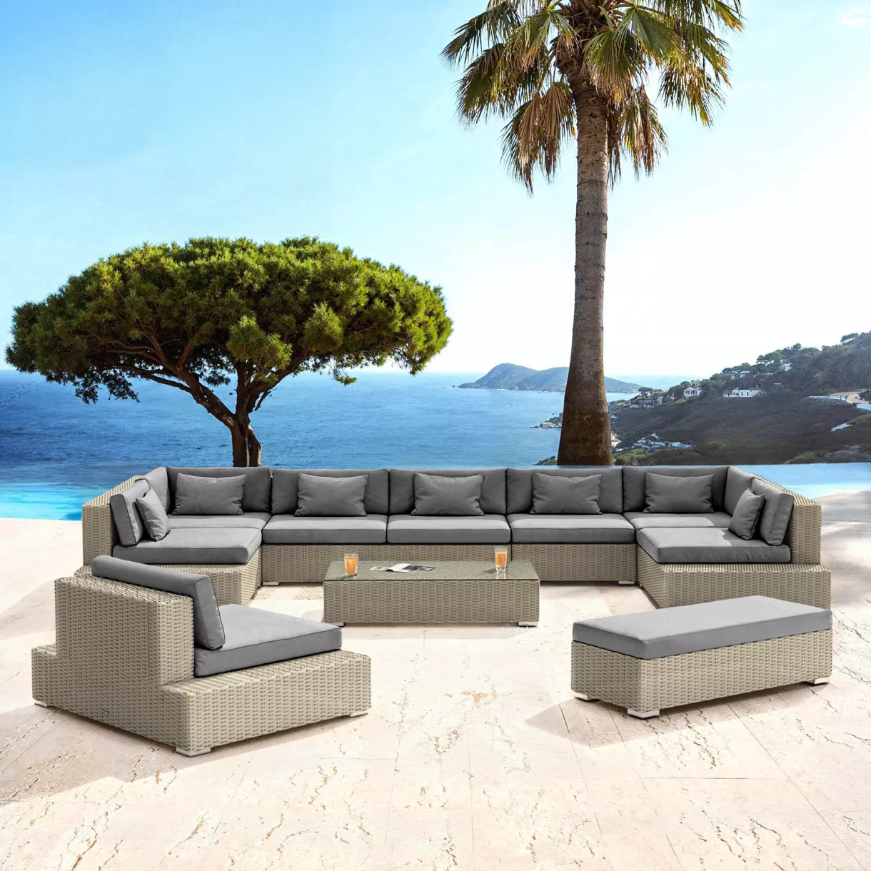 eminza Salon de jardin en résine tressée 9 places 9 pcs Palma Gris et anthracite