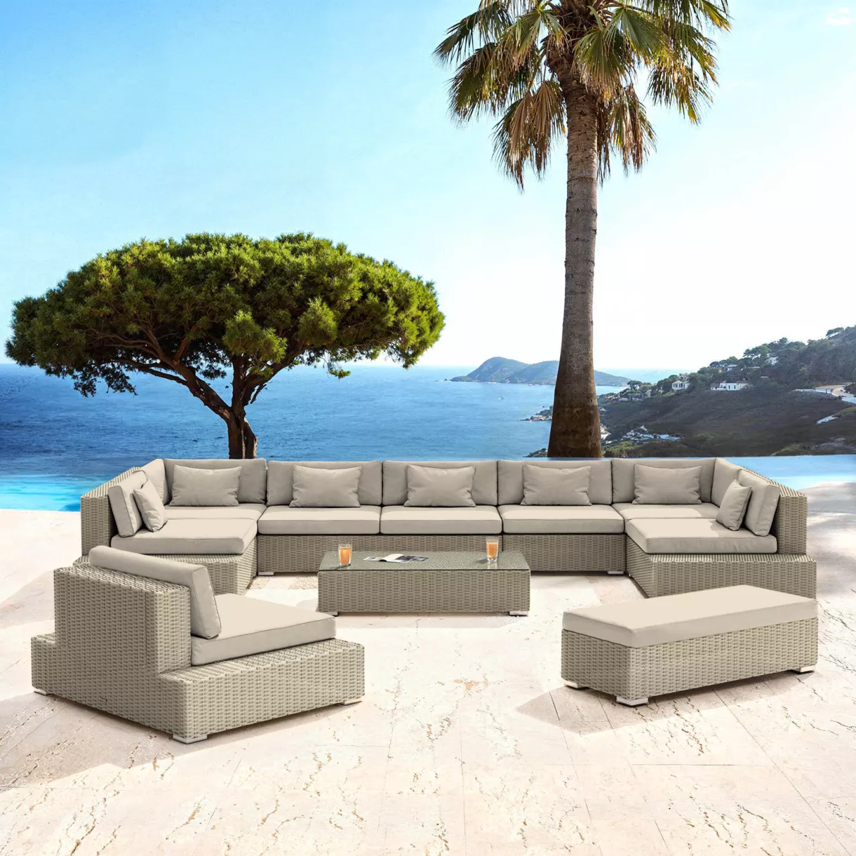 eminza Salon de jardin en résine tressée 9 places 9 pcs Palma Gris et beige