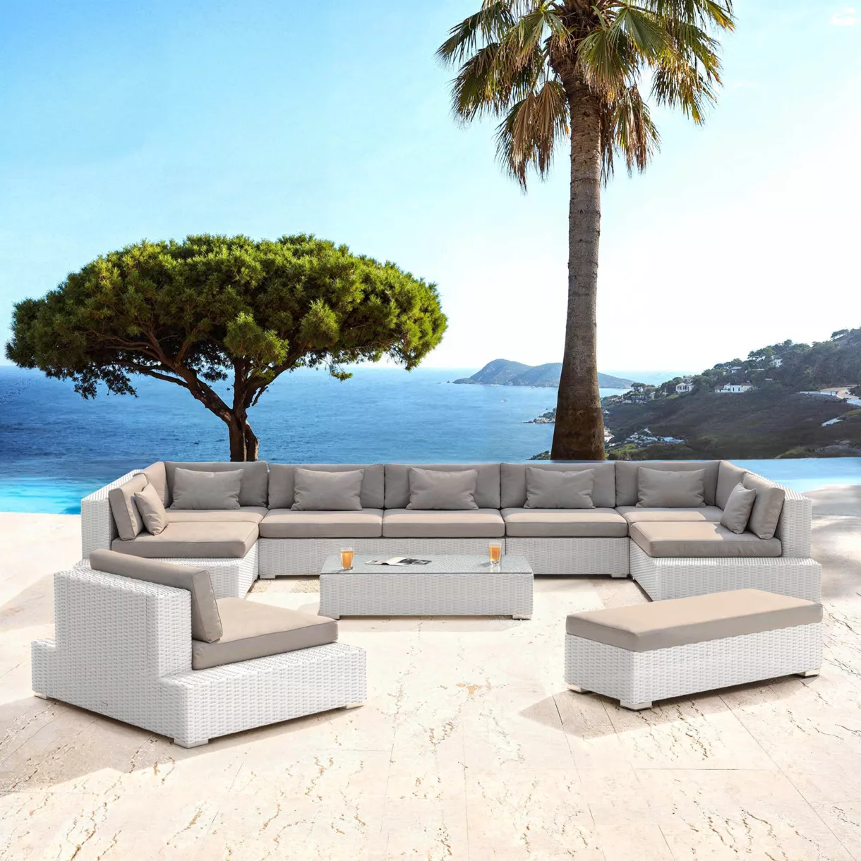 eminza Salon de jardin en résine tressée 9 places 9 pcs Palma Blanc et taupe
