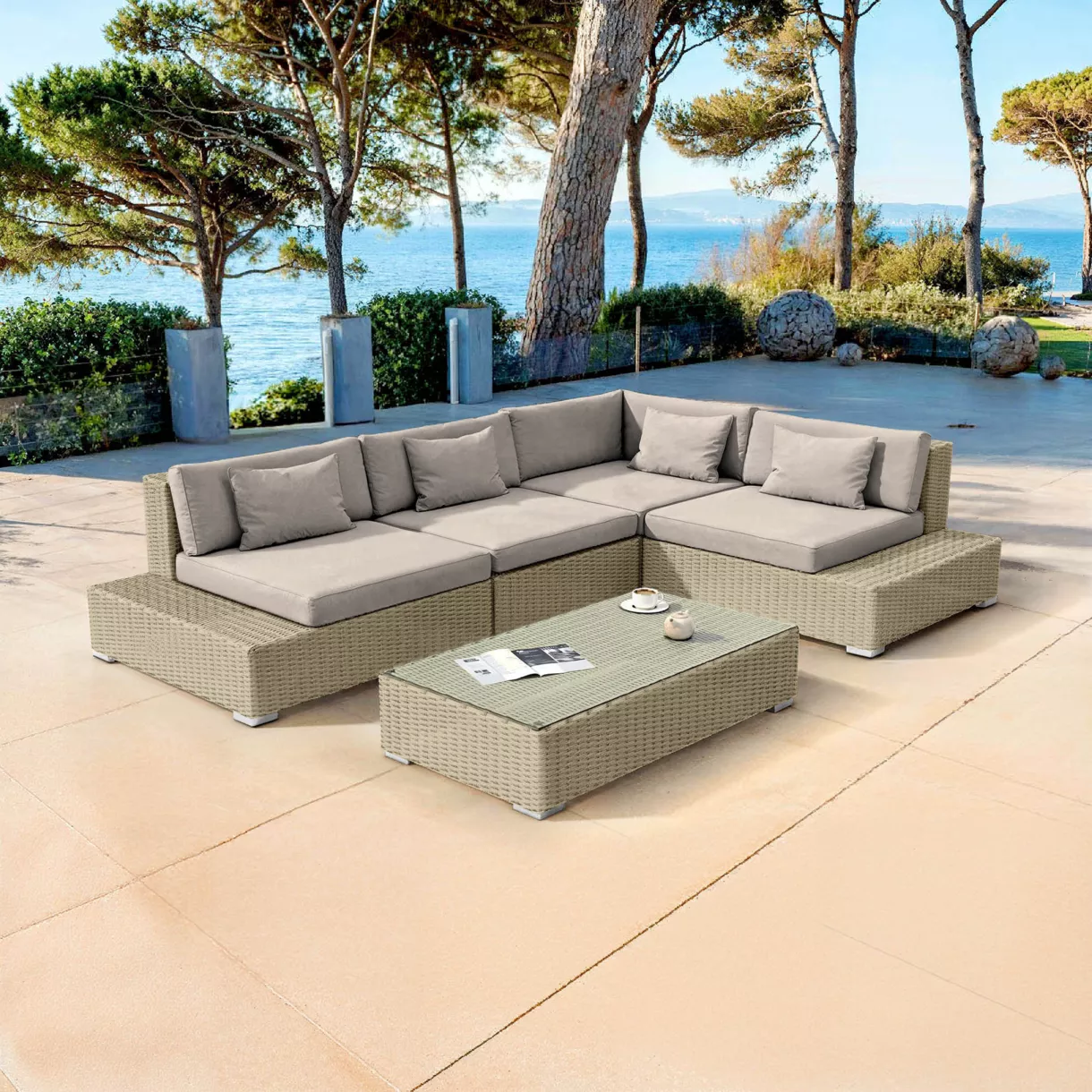 Salon de jardin d'angle en résine tressée 5 places Palma Gris et taupe