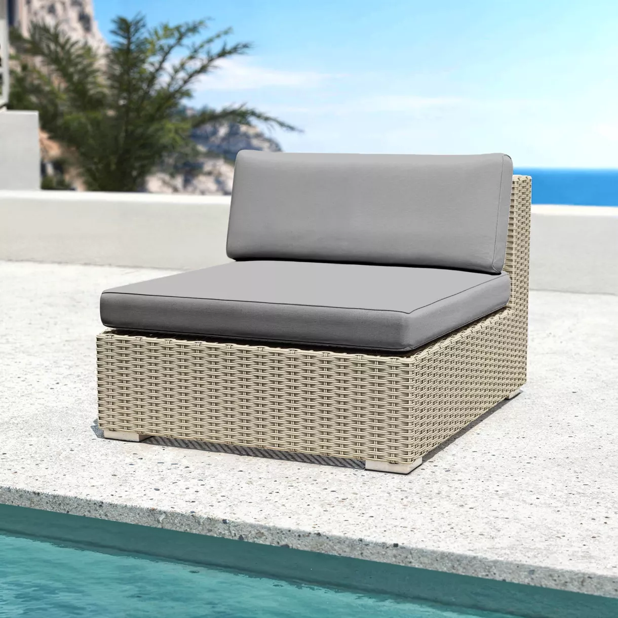 Chauffeuse de jardin en résine tressée Palma Gris et anthracite