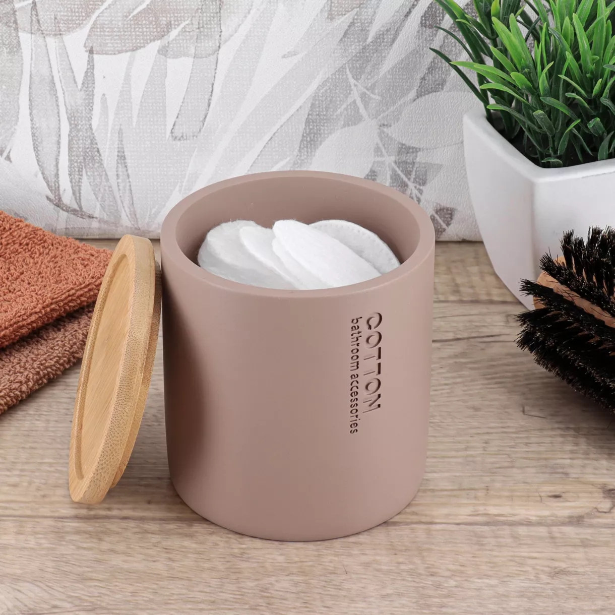BOITE A COTON POLYRESINE COUVERCLE BAMBOU - CAPPUCCINO/BAMBOU