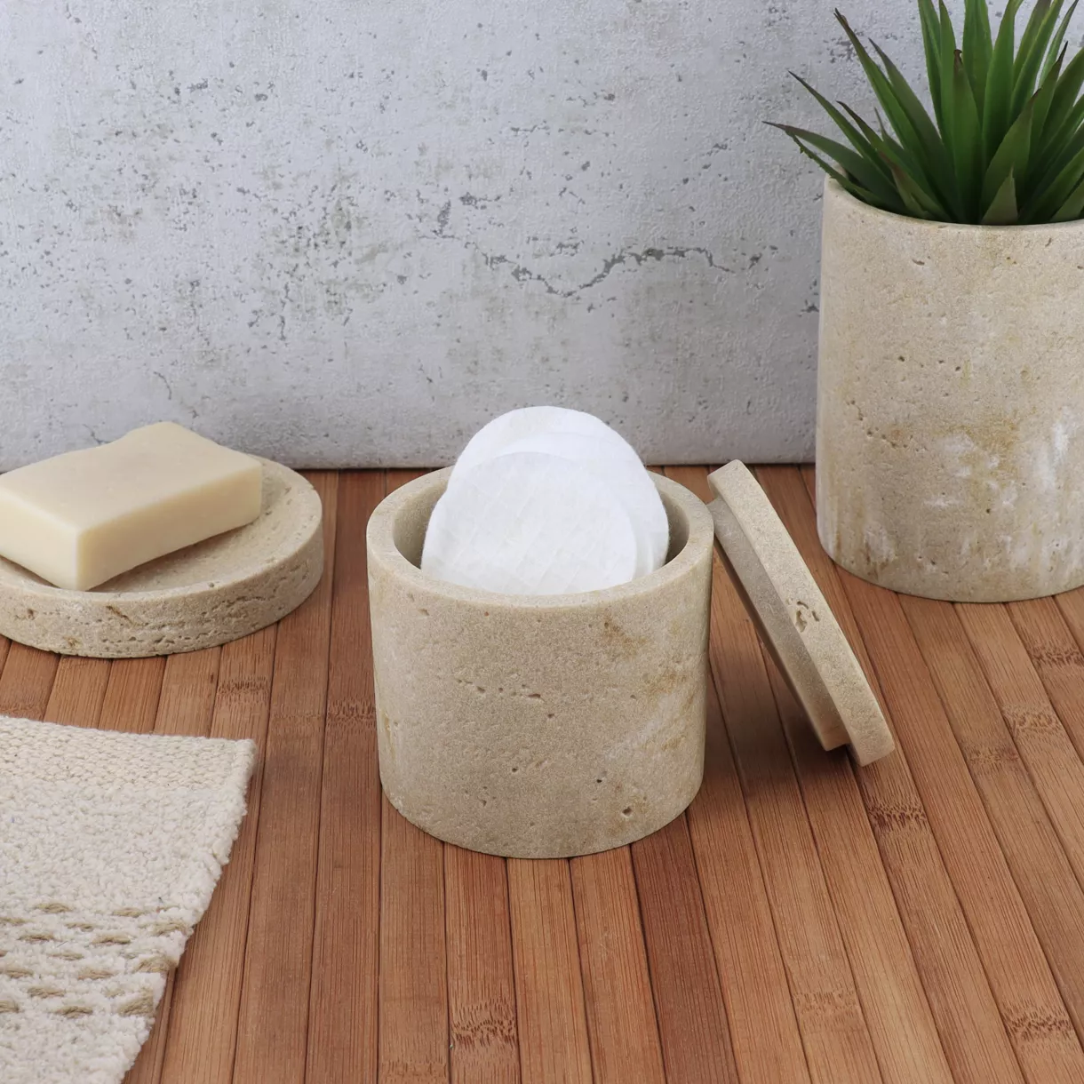 BOITE A COTON POLYRESINE FACON TRAVERTIN - NATUREL