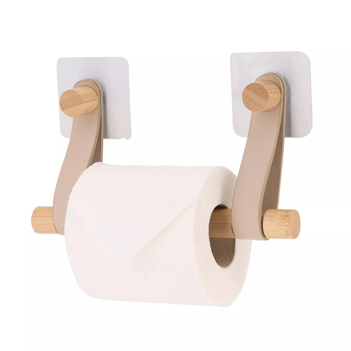 DEROULEUR PAPIER WC BAMBOU + LANIERES SIMILI CUIR SUR STICKER - BEIGE/BAMBOU