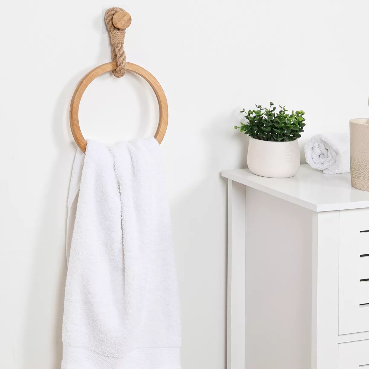 PORTE SERVIETTES ARRONDI BAMBOU + LANIERE CORDE SUR STICKER - NATUREL