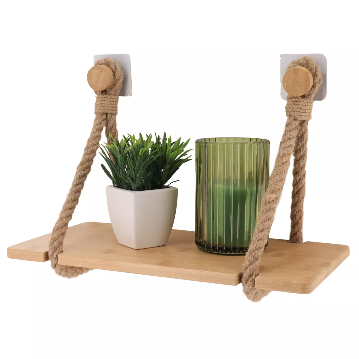 ETAGERE BAMBOU + LANIERES EN CORDE SUR STICKER OU A FIXER - NATUREL
