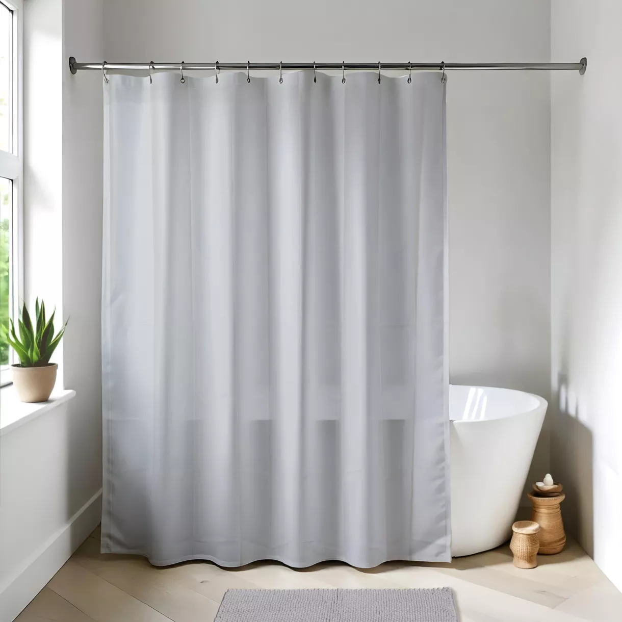 eminza Rideau de douche à anneaux (180 x 200 cm) Uni Gris clair