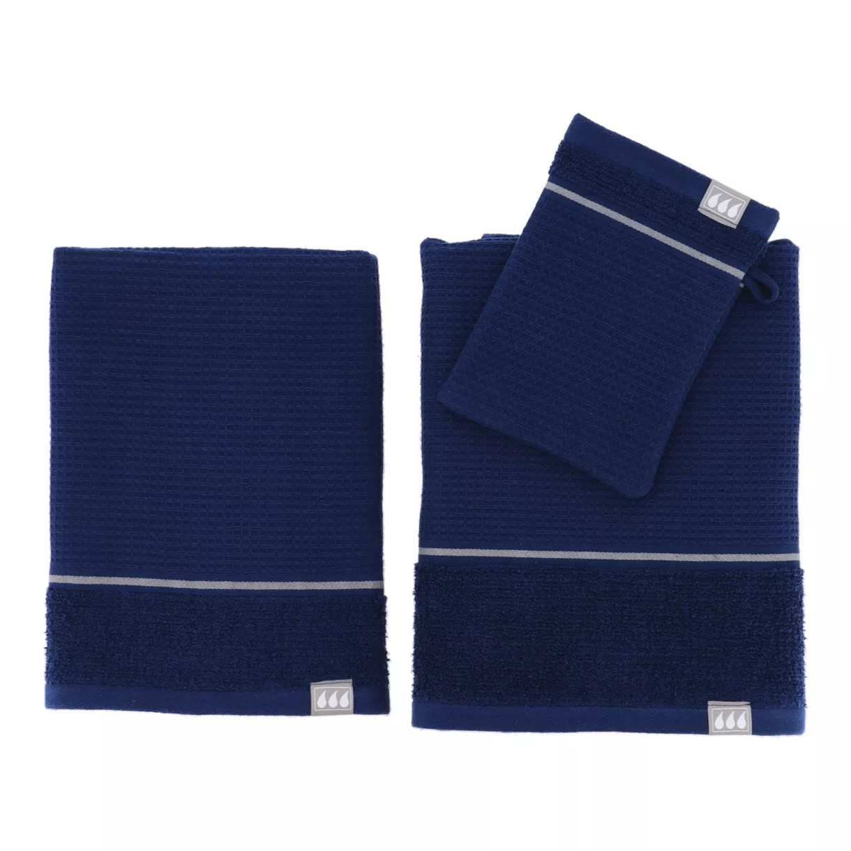 SET DE 3 PIECES 100% COTON NID D ABEILLE  1 GANT/1 SERVIETTE 50X90 CM/1 SERVIETTE 70X130 CM - MARINE/ARGENT