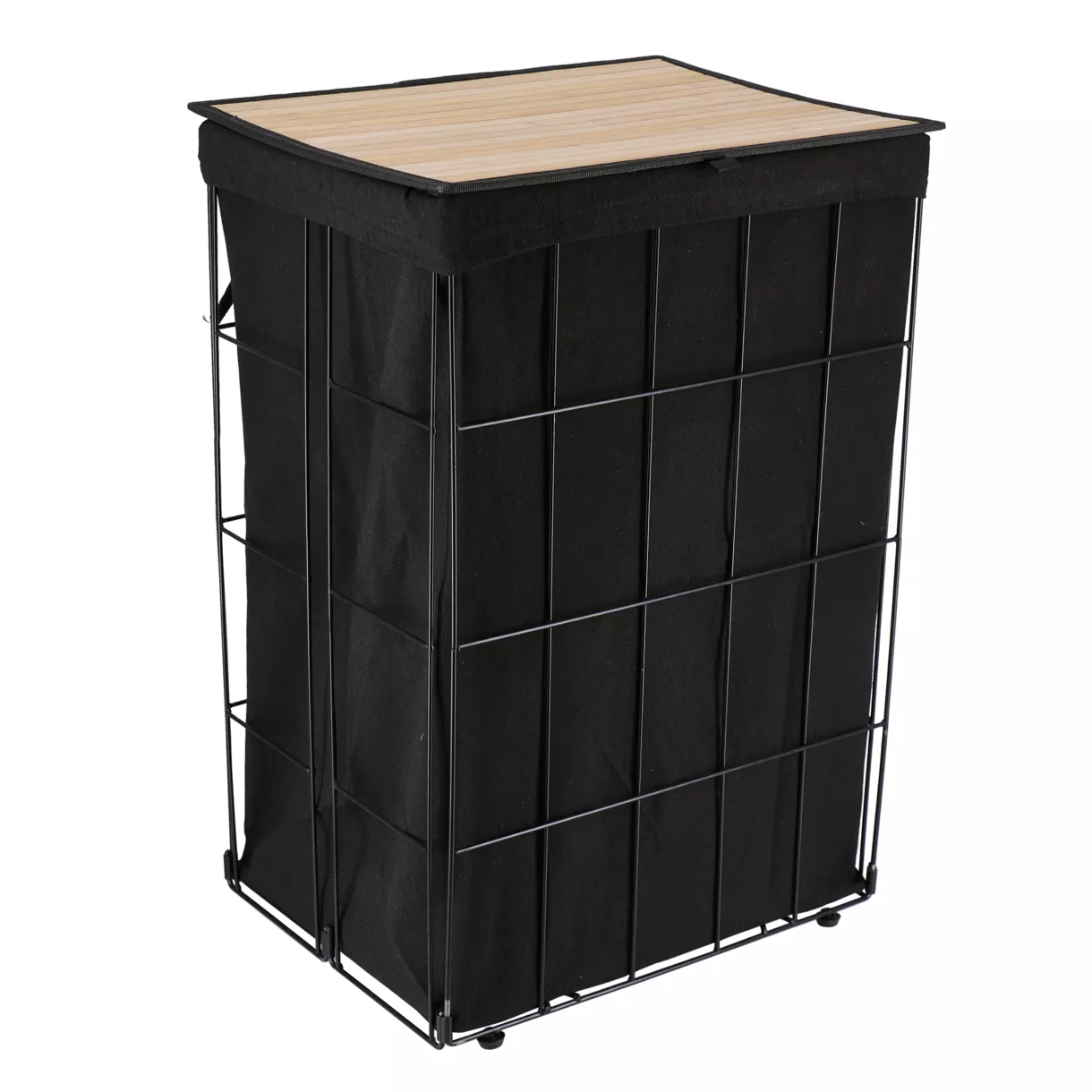 PANIERE A LINGE METAL PLIABLE COUVERCLE EN BAMBOU - NOIR/TISSU NOIR