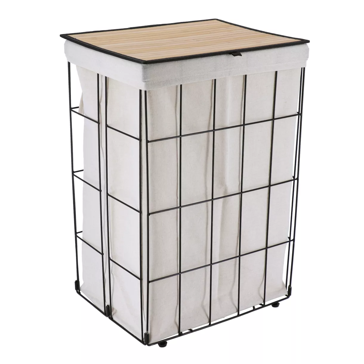 PANIERE A LINGE METAL PLIABLE COUVERCLE EN BAMBOU - NOIR/TISSU NATUREL