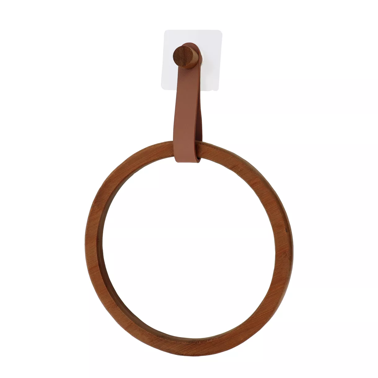 PORTE SERVIETTES ARRONDI BAMBOU + LANIERE SIMILI CUIR SUR STICKER -  CARAMEL/FACON ACACIA