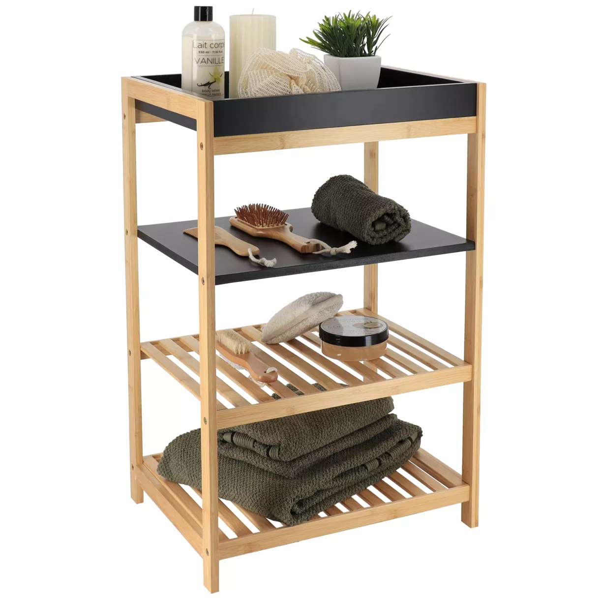 MEUBLE BAMBOU/ MDF 4 ETAGERES - NOIR/BAMBOU
