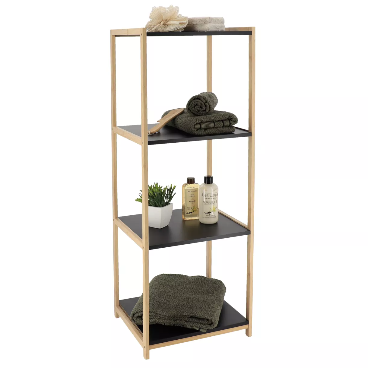 MEUBLE BAMBOU 4 ETAGERES MDF NOIR - BAMBOU/NOIR