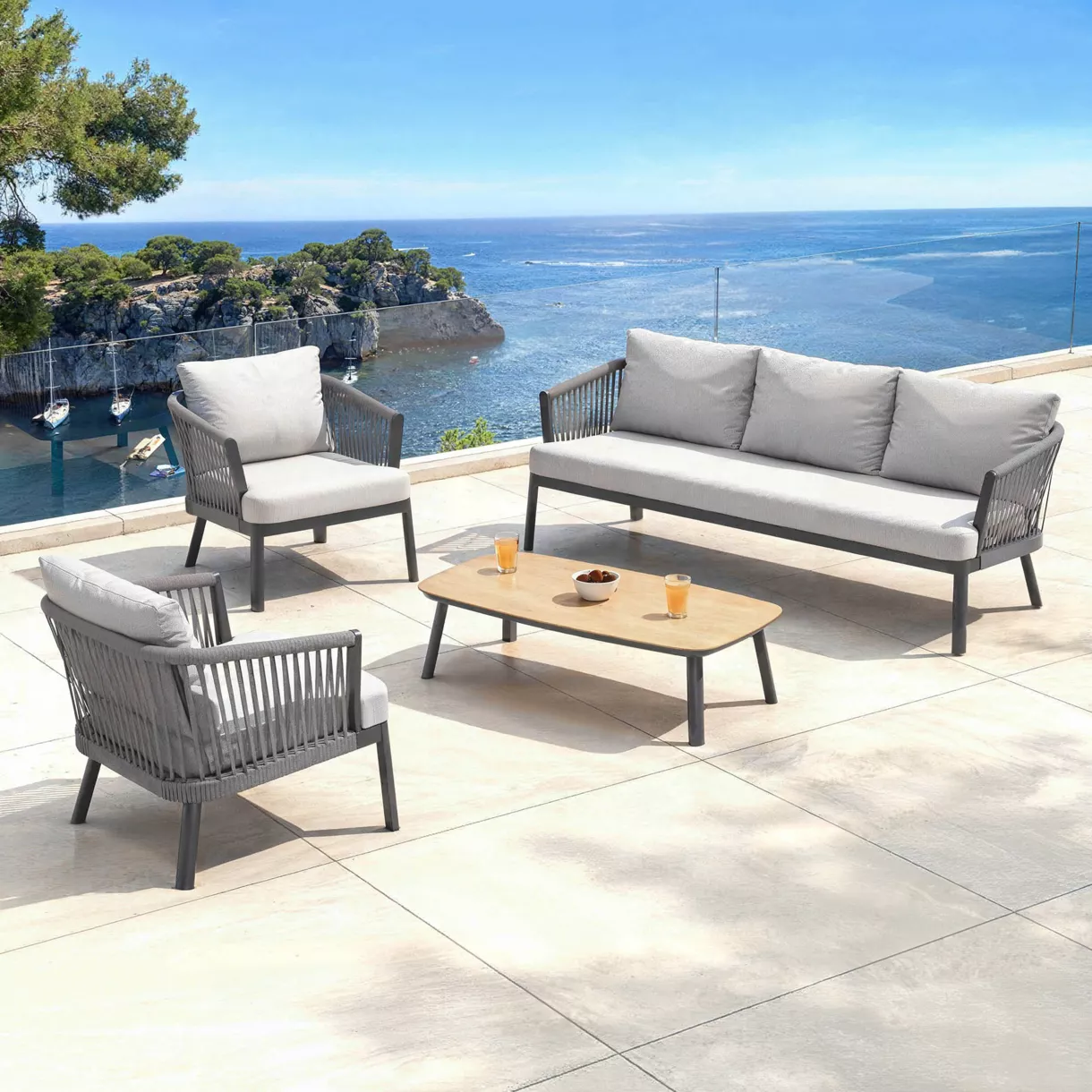 SALON DE JARDIN AMALFI  5 PLACES STRUCTURE ANTHRACITE ET COUSSINS GRIS NUAGE