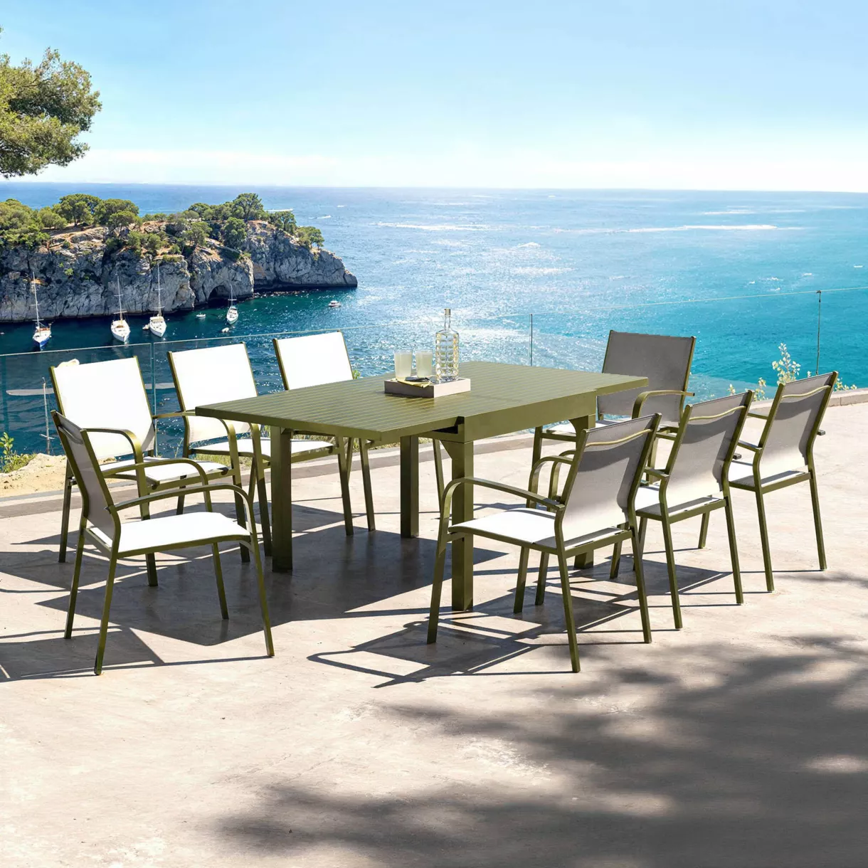 Table de jardin extensible en aluminium 8 places (90/180 x 90 cm) Murano Vert olive