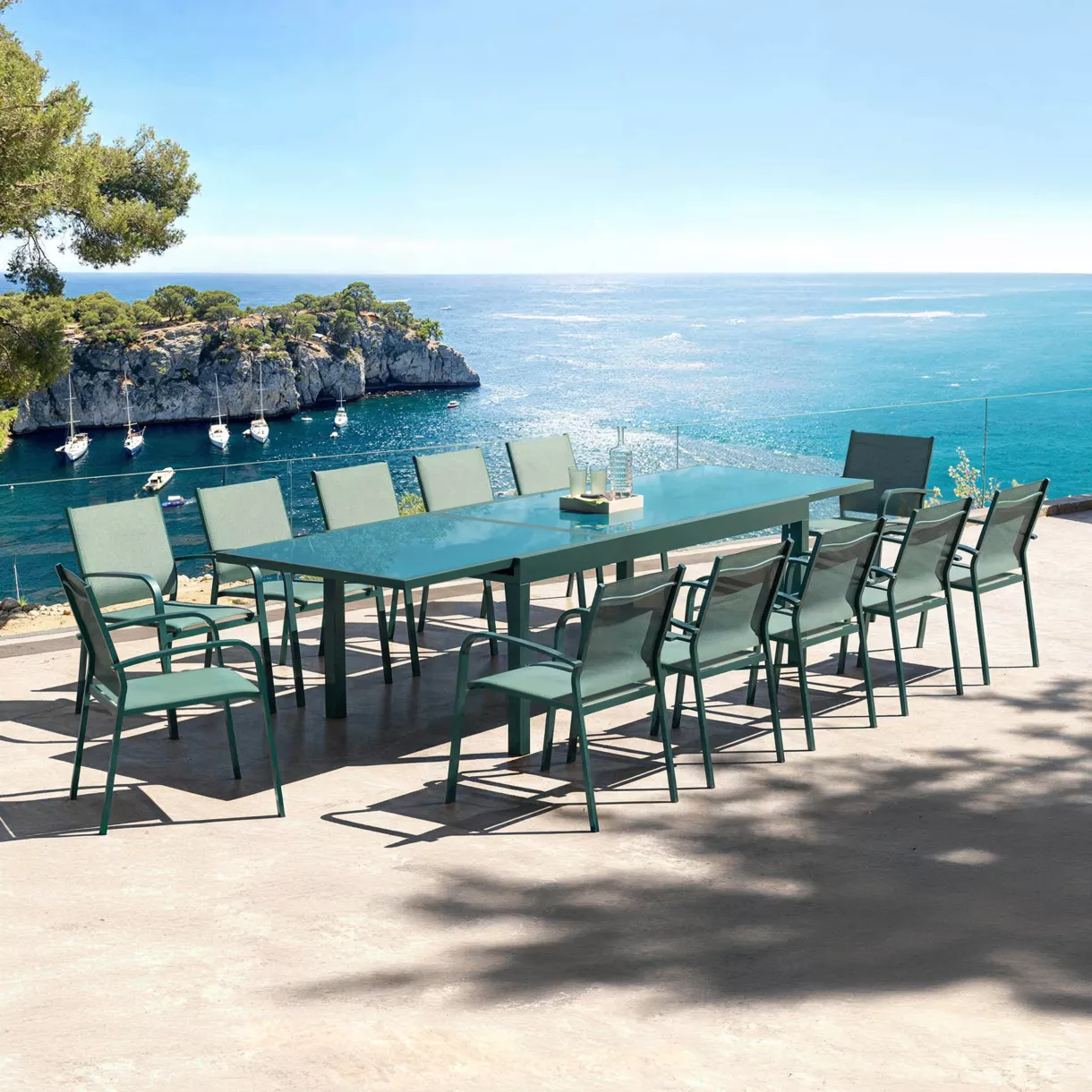Tavolo da giardino allungabile in vetro 12 posti (200/320 x 100 cm) Murano Blu