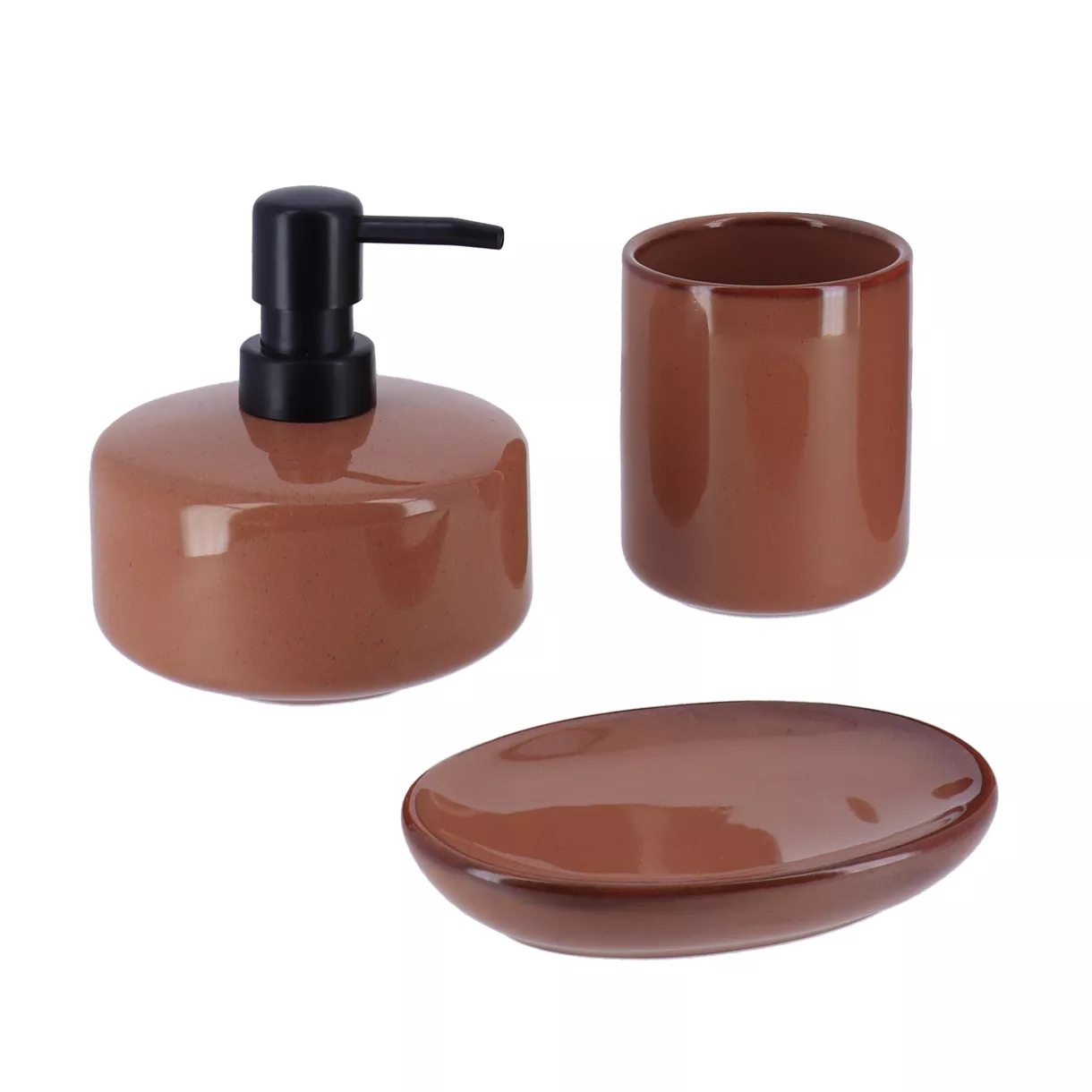 SET GOBELET DISTRIBUTEUR A SAVON ET PORTE SAVON GRES LAQUE - AMBRE