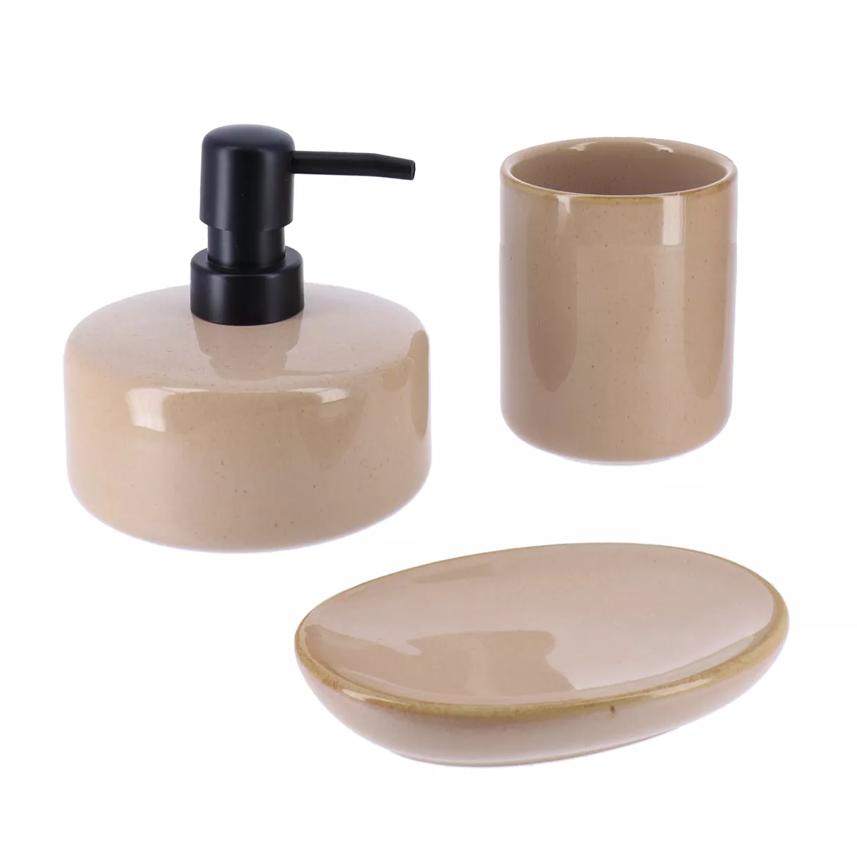 SET GOBELET DISTRIBUTEUR A SAVON ET PORTE SAVON GRES LAQUE - BEIGE