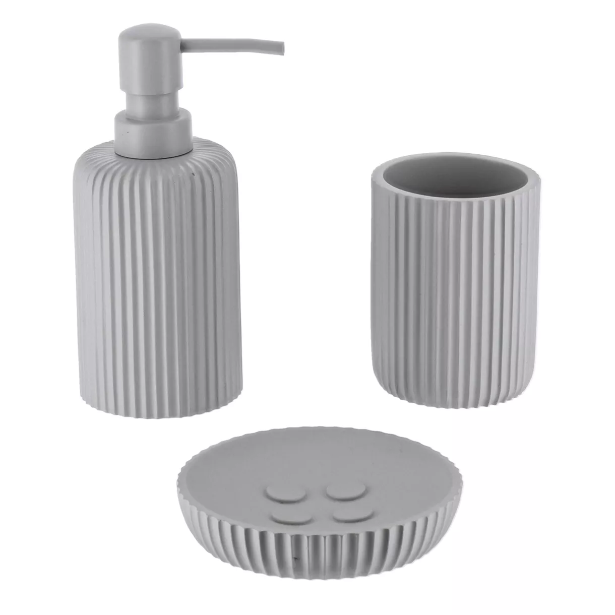 SET GOBELET DISTRIBUTEUR A SAVON ET PORTE SAVON POLYRESINE STRIEE - GRIS CLAIR