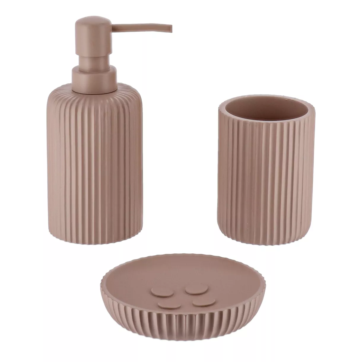 SET GOBELET DISTRIBUTEUR A SAVON ET PORTE SAVON POLYRESINE STRIEE - CAPPUCINO