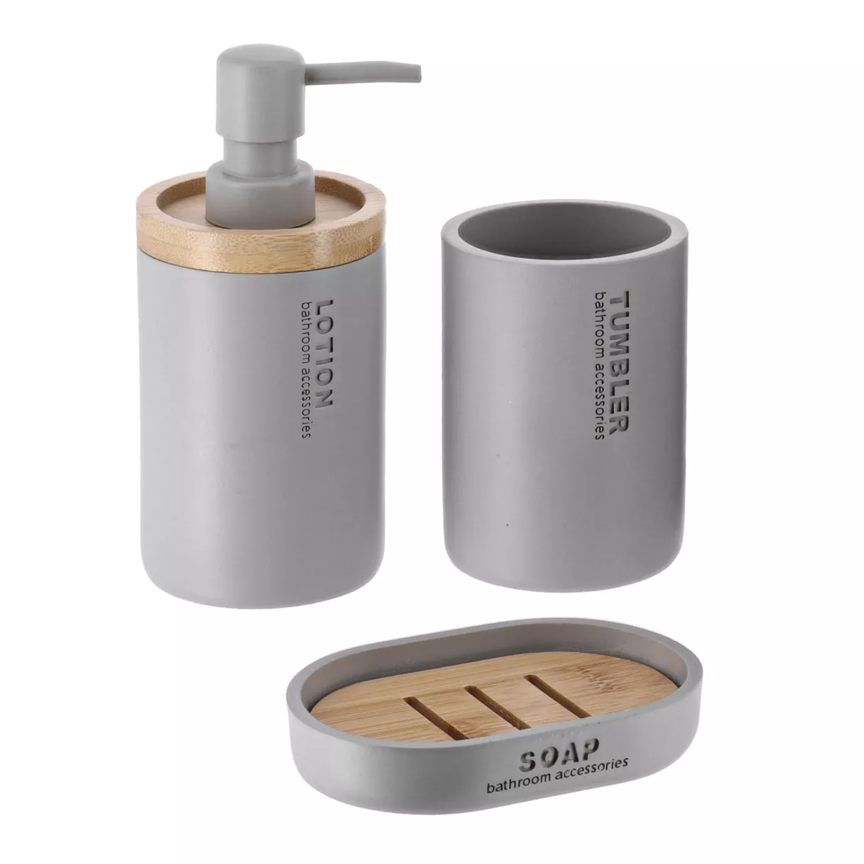 SET GOBELET DISTRIBUTEUR A SAVON ET PORTE SAVON POLYRESINE - GRIS CLAIR/BAMBOU