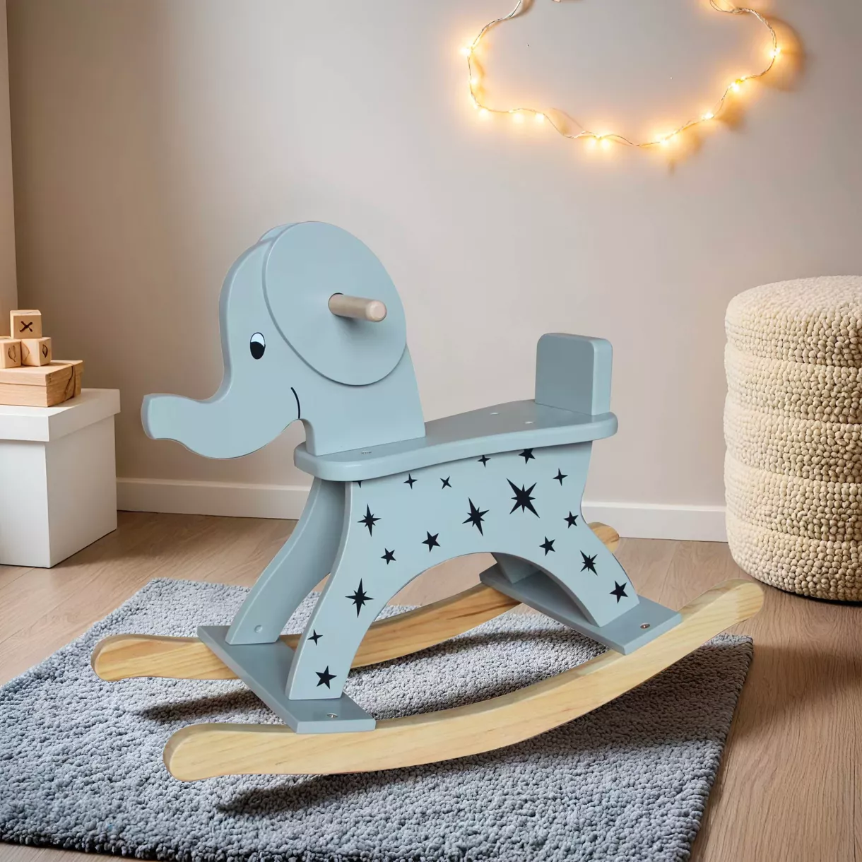 Elephant à bascule bois (H53 cm) Stars Bleu