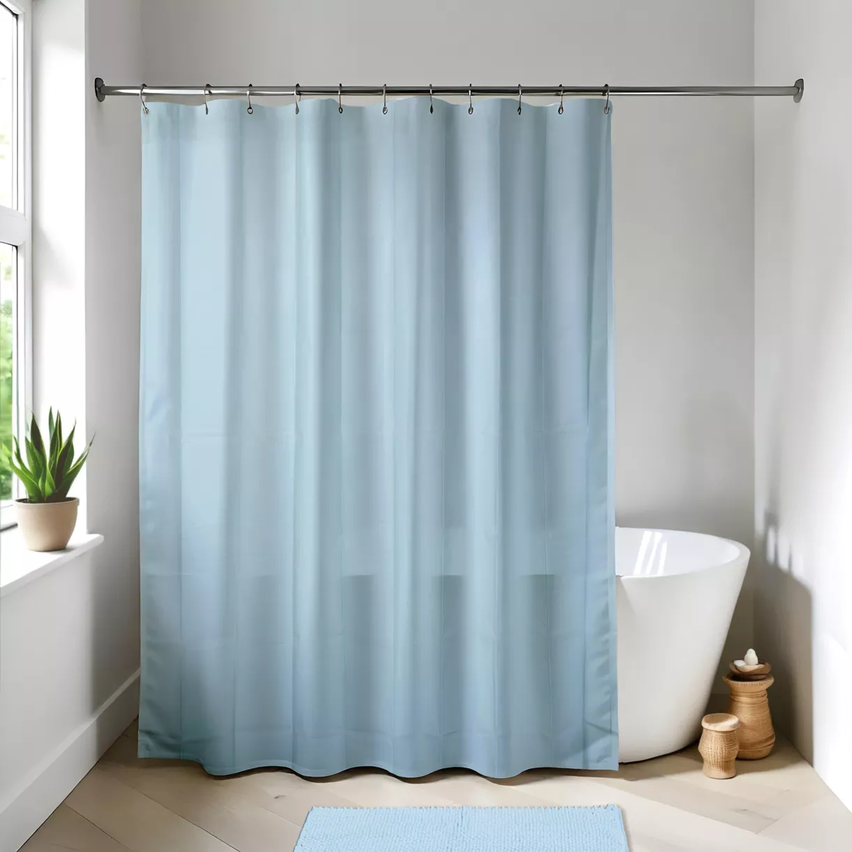 Rideau de douche à anneaux (180 x 200 cm) Uni Bleu clair