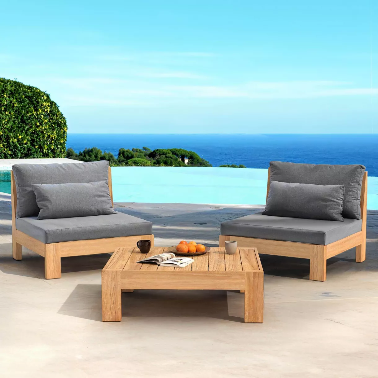 Conjunto de jardín esquinero de madera de acacia 2 plazas 3 pzs Bornéo Gris antracita